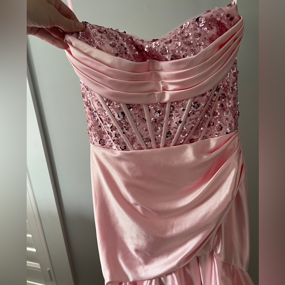 Pink Satin Ruffle Prom Dress - Picture 3 of 3